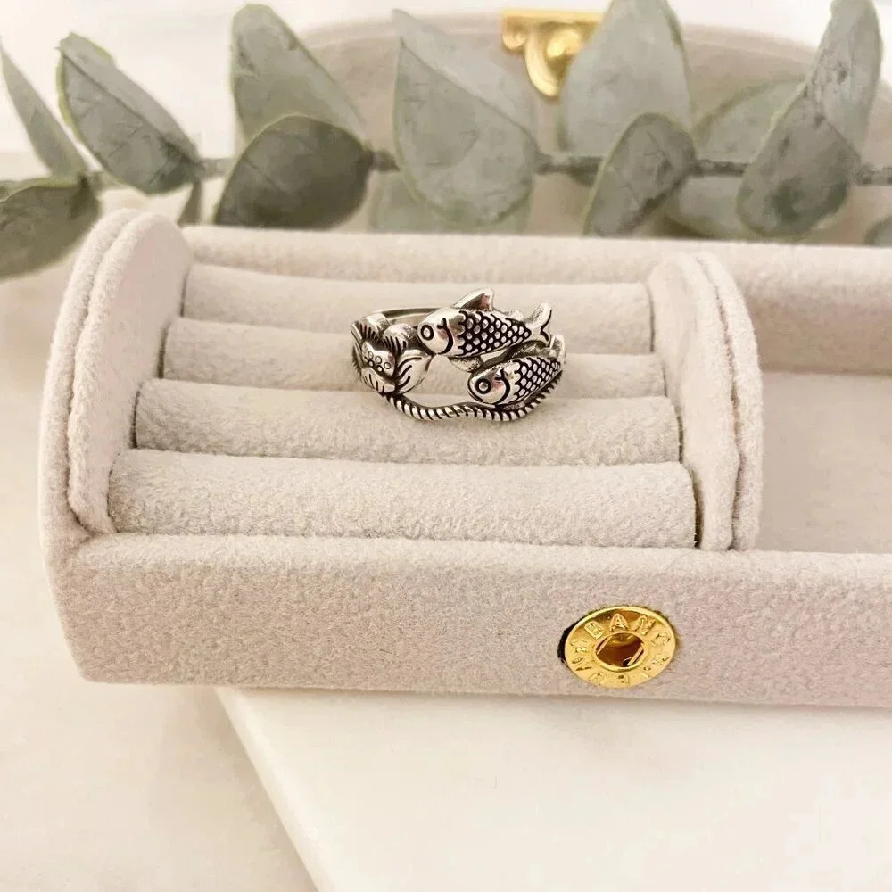 925 Sterling Silver Fish Ring School of Fish Ring Dainty Adjustable Ring - Picture 4 of 10